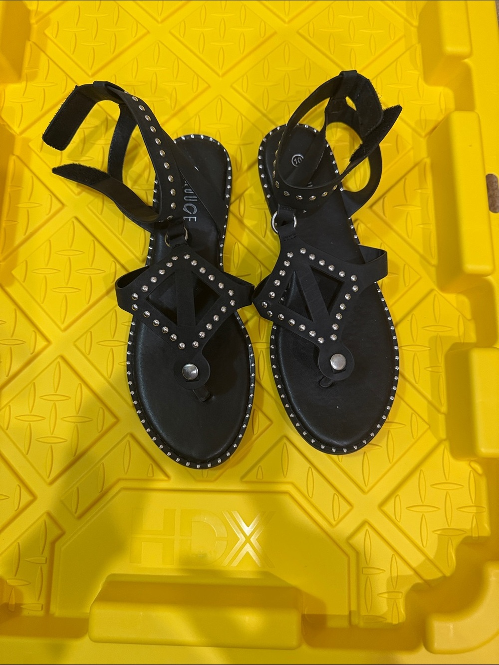 Black Studded T-Strap Women's Sandals